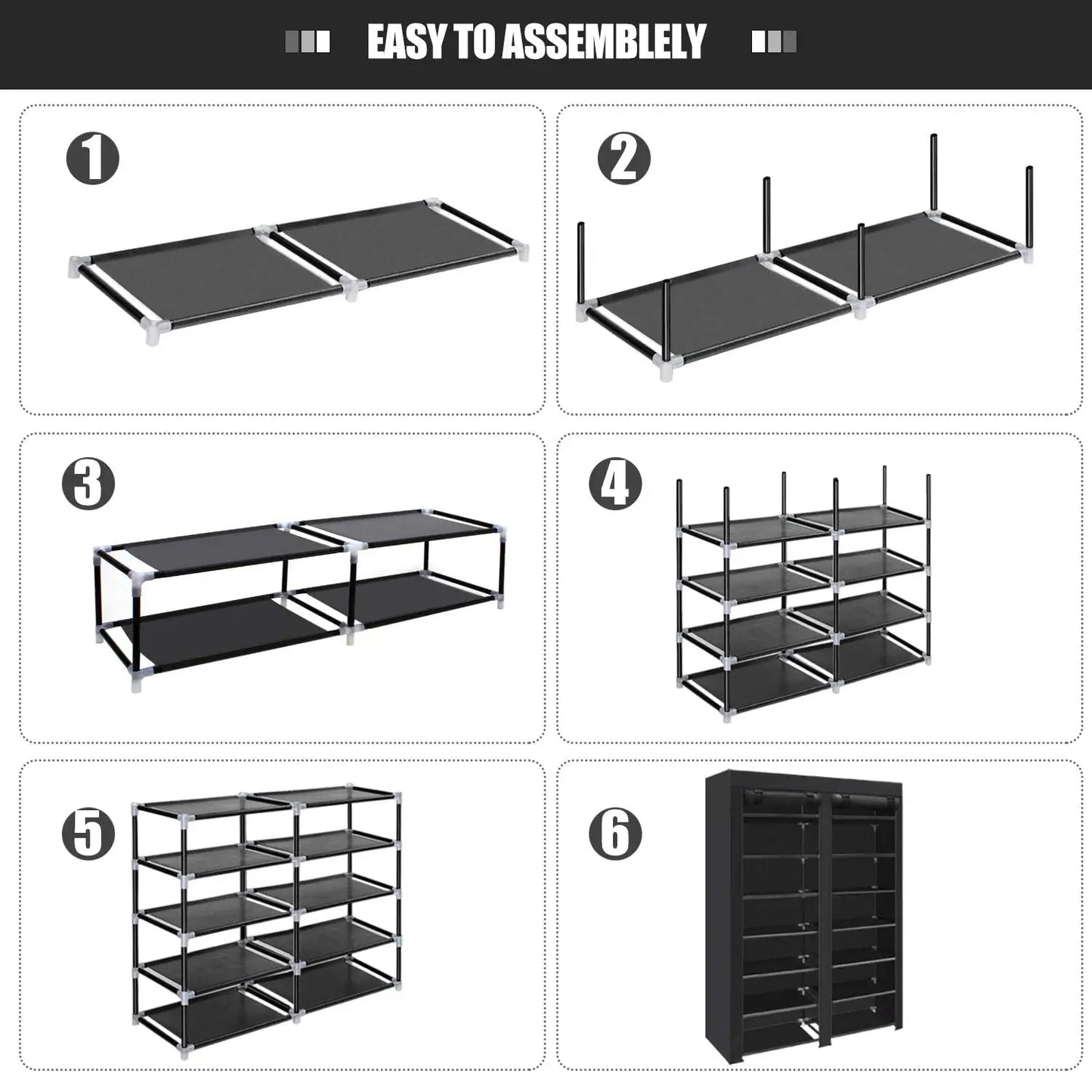 Double Non-woven Shoe Rack in Black, 6-layer Dustproof Shoe Cabinet