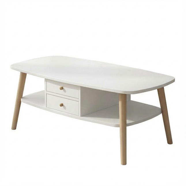Japanese Style Double-Layer Coffee Table/TV Stand with Drawers - White
