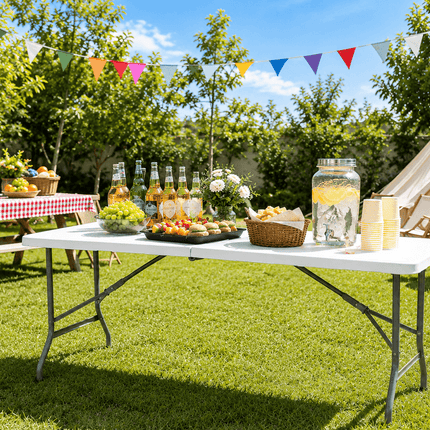 1.8m portable folding catering table used for outdoor party and picnic setup