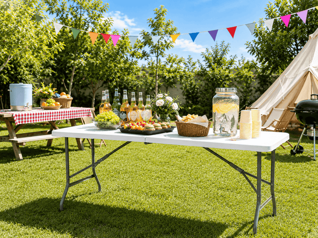 1.8m portable folding catering table used for outdoor party and picnic setup