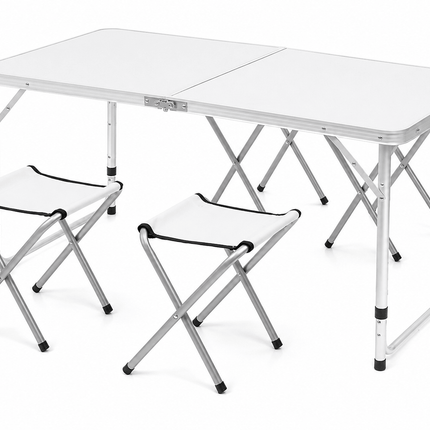 Portable aluminum folding camping table set with four stools