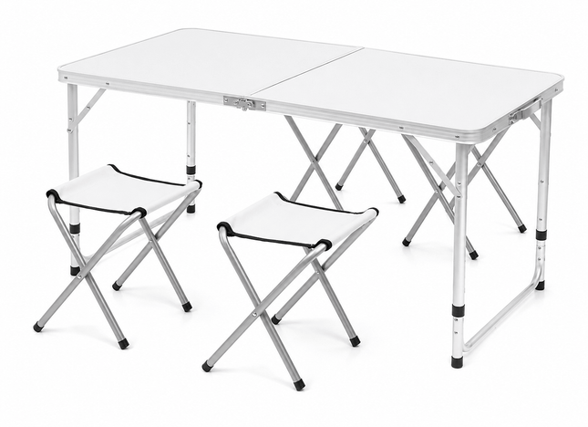 Portable aluminum folding camping table set with four stools