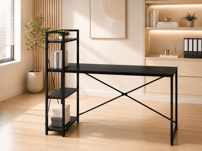 Black 120cm home office desk with reversible storage shelves