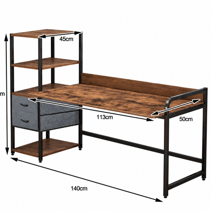 Dimensions of 140cm computer desk showing 50cm desktop depth and 110cm shelving height