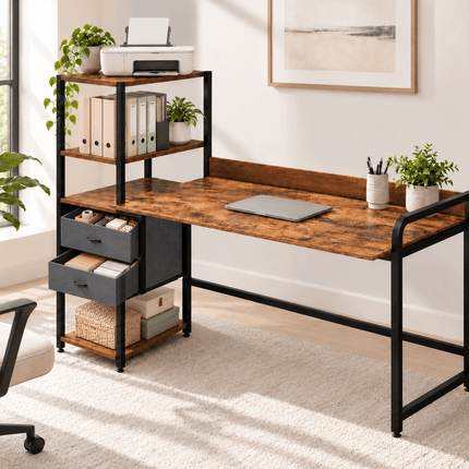 Large 140cm computer desk with storage shelves and drawers in a home office