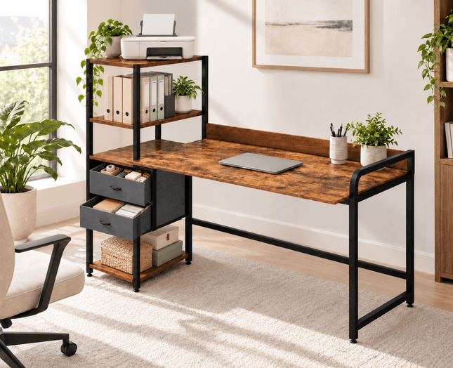 Large 140cm computer desk with storage shelves and drawers in a home office