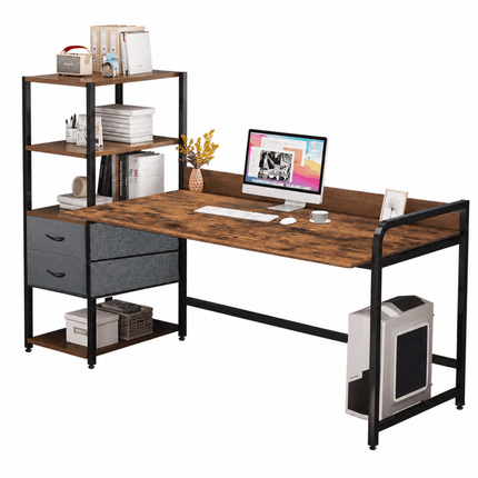 140cm rustic brown computer desk with integrated storage shelves, two drawers and black metal frame