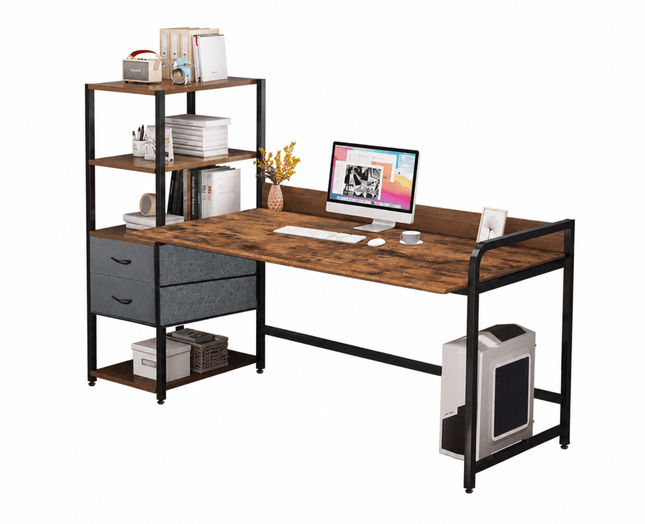 140cm rustic brown computer desk with integrated storage shelves, two drawers and black metal frame