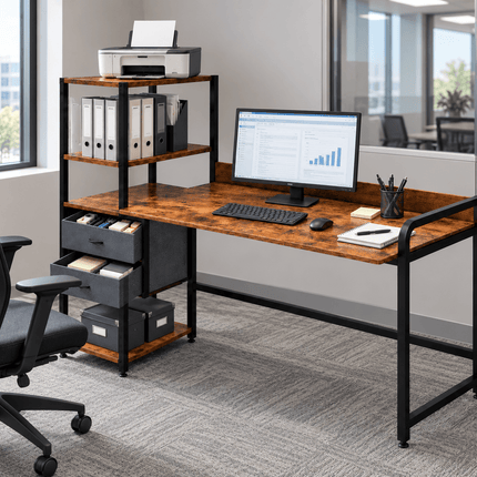Rustic brown 140cm office desk with shelving and drawers in a professional workspace