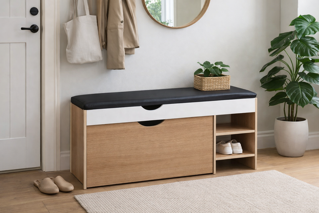 Wooden Shoe Cabinet Bench with Cushioned PU Seat