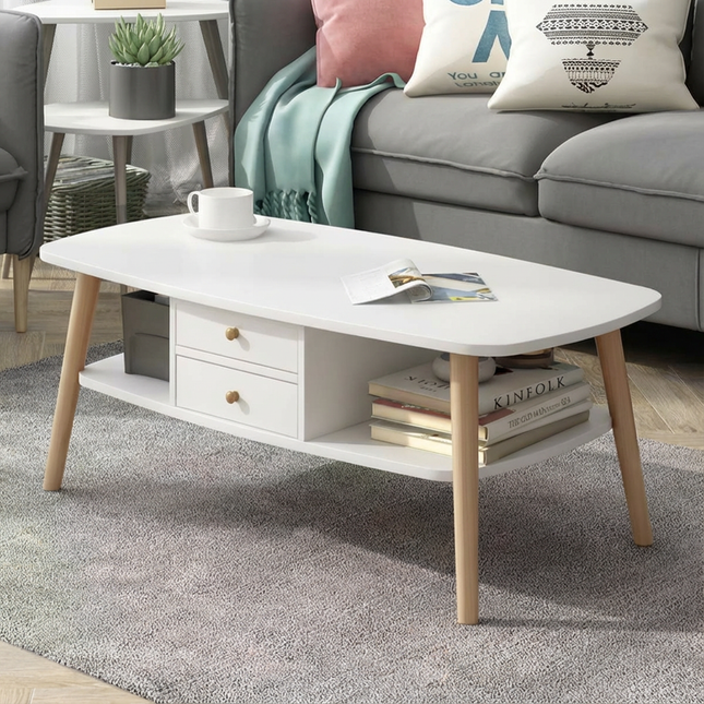 Japanese Style Double-Layer Coffee Table/TV Stand with Drawers - White