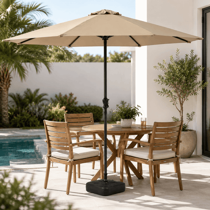 2.7M outdoor patio umbrella with heavy duty base beside poolside dining set