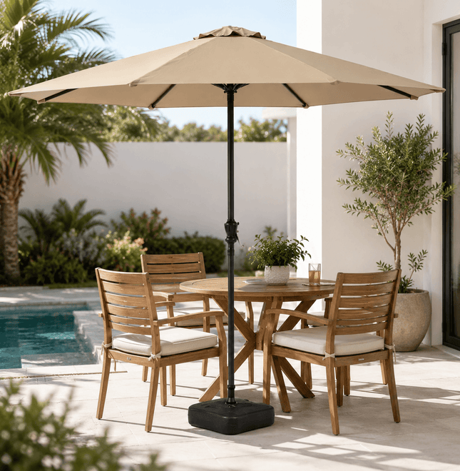 2.7M outdoor patio umbrella with heavy duty base beside poolside dining set