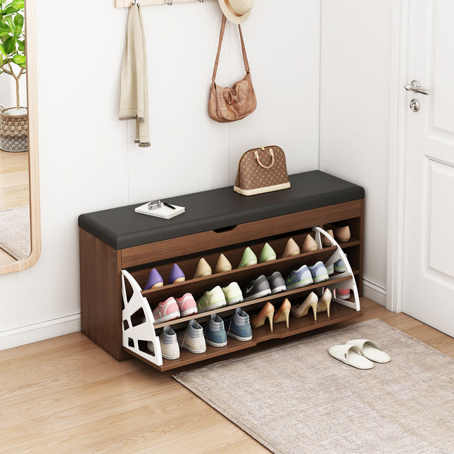 Wooden Shoe Cabinet with PU Seat (Walnut)