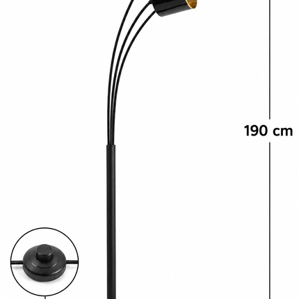 3-light arc floor lamp dimensions showing 190cm height, 33cm base and foot switch