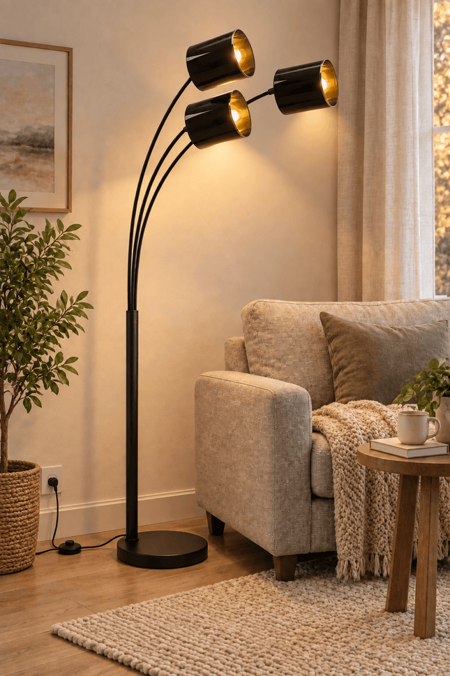 Black 3-light arc floor lamp with LED bulbs illuminated beside a living room armchair