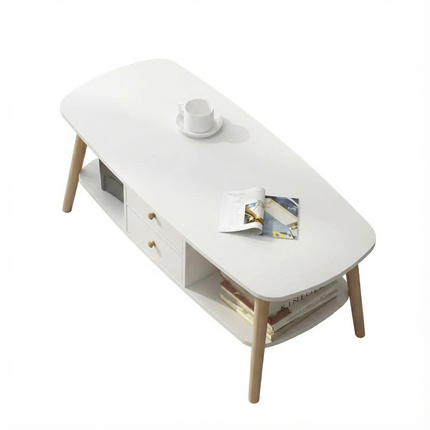 Japanese Style Double-Layer Coffee Table/TV Stand with Drawers - White