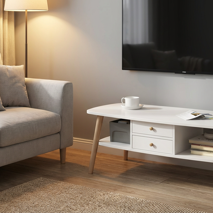 Japanese Style Double-Layer Coffee Table/TV Stand with Drawers - White