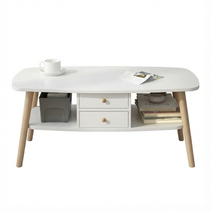 Japanese Style Double-Layer Coffee Table/TV Stand with Drawers - White