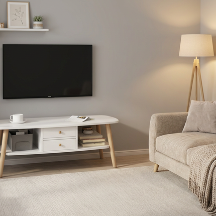 Japanese Style Double-Layer Coffee Table/TV Stand with Drawers - White