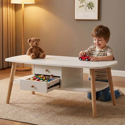 Japanese Style Double-Layer Coffee Table/TV Stand with Drawers - White