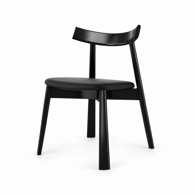 Black solid wood dining chair with PU leather padded seat and curved wooden backrest