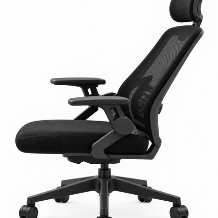 Side profile of black reclining mesh office chair with headrest and padded seat