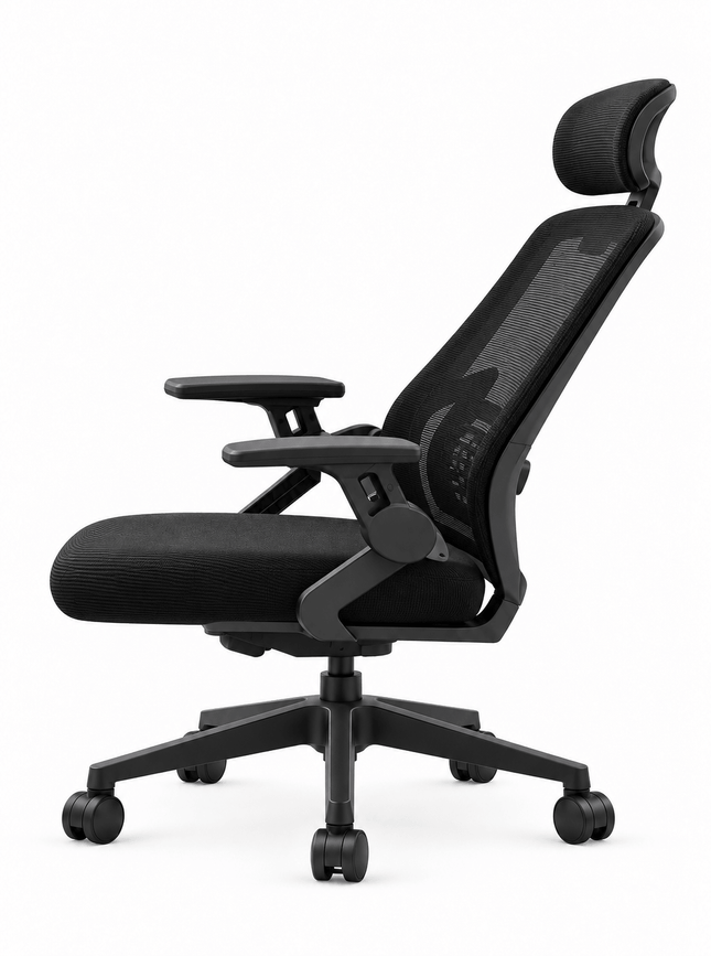 Side profile of black reclining mesh office chair with headrest and padded seat