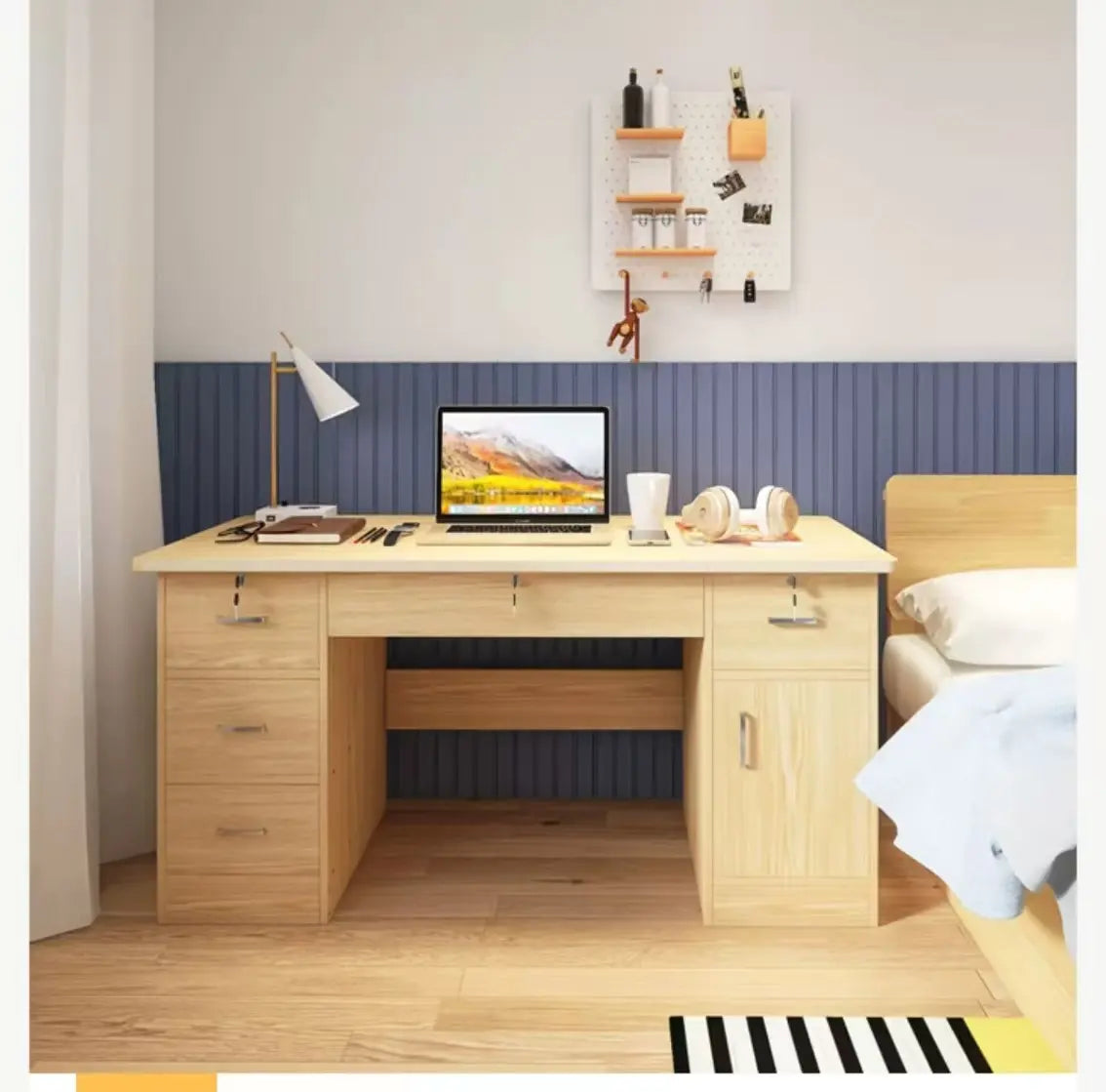 Elegant Wooden Desk Multi Drawers & Lock for Home Office