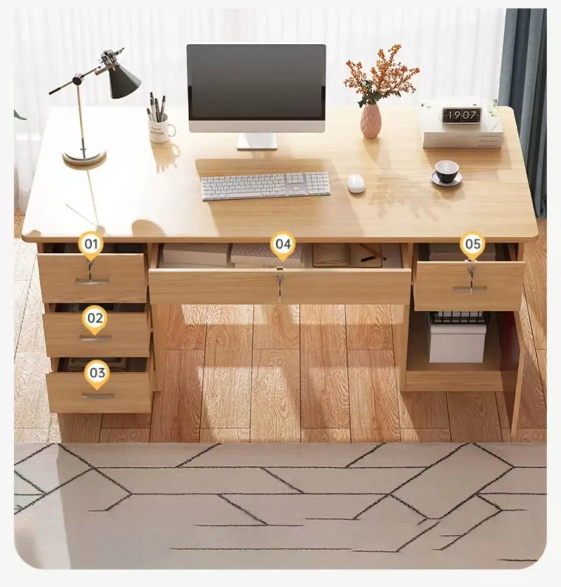 Elegant Wooden Desk Multi Drawers & Lock for Home Office
