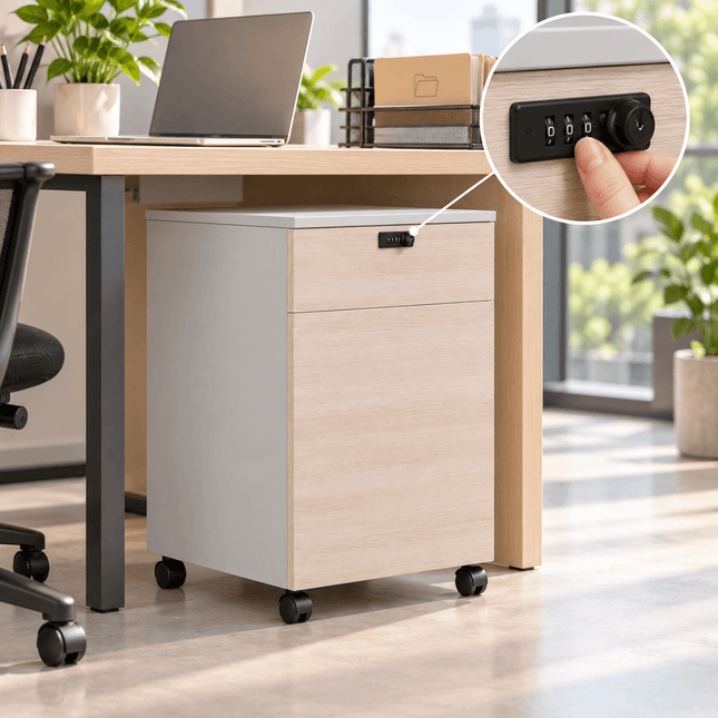 Mobile office filing cabinet with combination lock