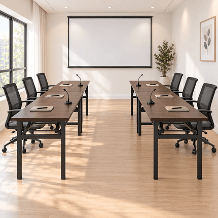 Black walnut foldable desks arranged as meeting tables