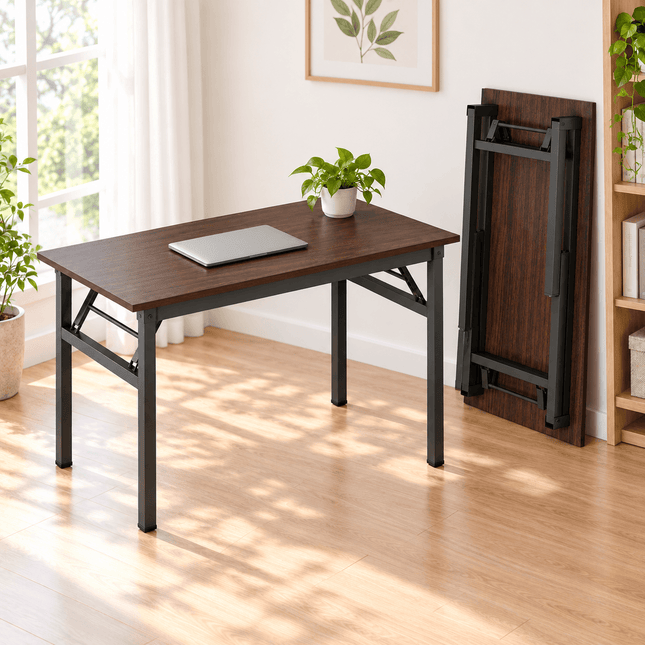 Black walnut desk with folding legs for space-saving storage
