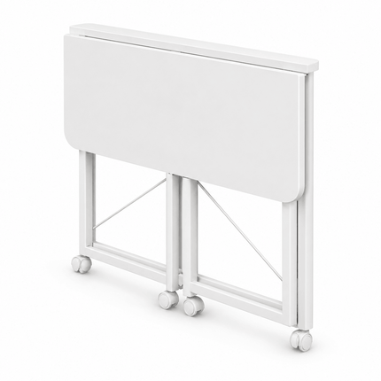 White foldable desk with wheels in folded position