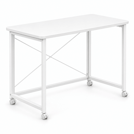 White mobile desk with wheels in open position