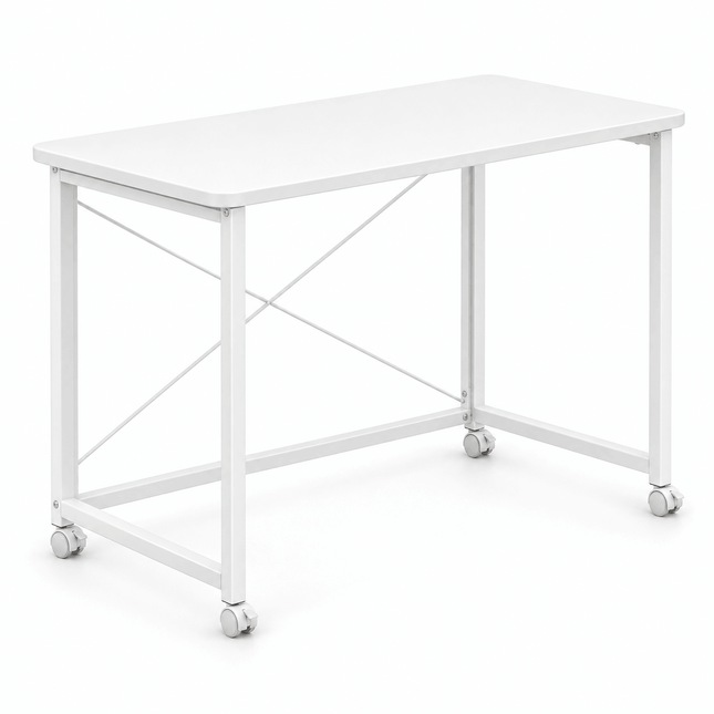 White mobile desk with wheels in open position