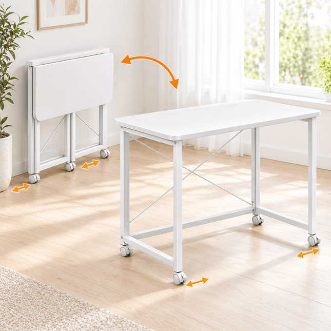 White foldable mobile desk with wheels, 100 x 50 x 75 cm