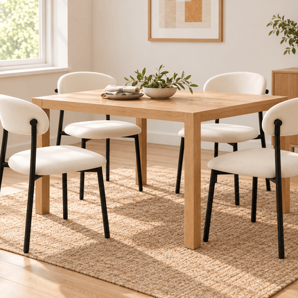 Four cream upholstered dining chairs with black metal legs around a wooden dining table