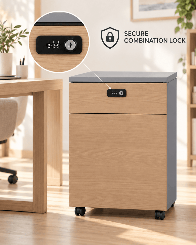 Mobile office filing cabinet with combination lock