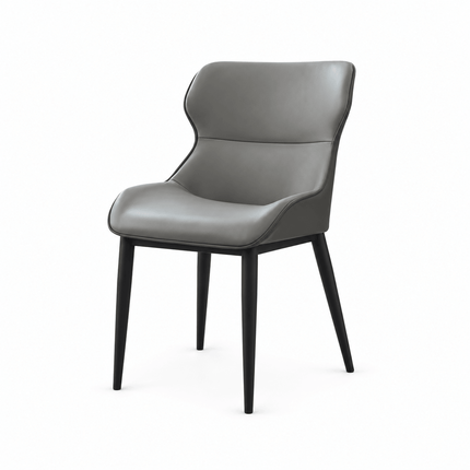 Grey PU leather dining chair with cushioned seat and black metal legs