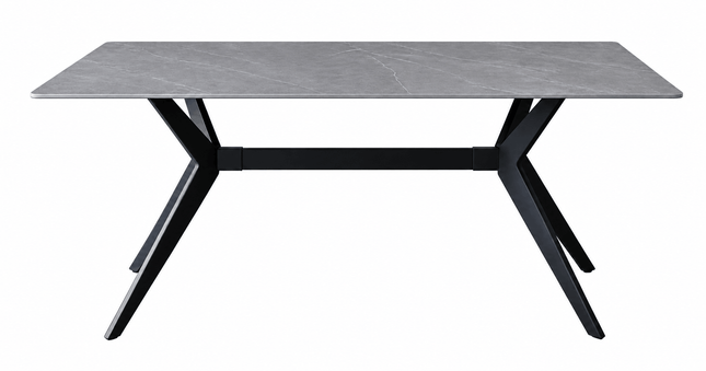 Grey rectangular sintered stone dining table with white veining and black X-shaped legs