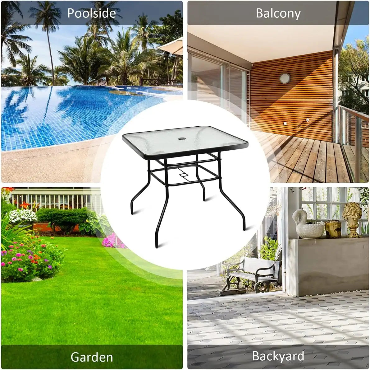 Patio/Garden Table Black Tempered Glass, 80x80cm With Central Hole
