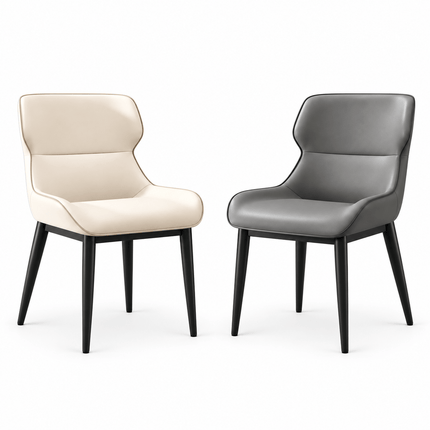 Cream and grey curved-back PU leather dining chairs shown side by side