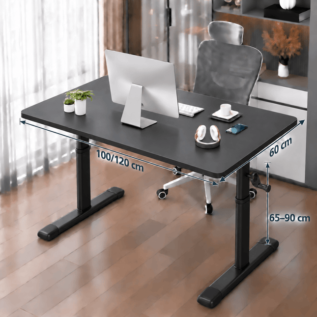 Black manual height adjustable desk, 100/120 x 60 cm