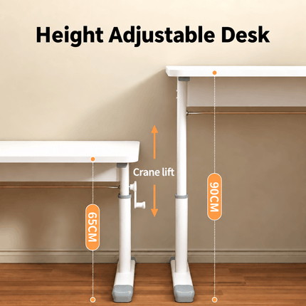 White height adjustable desk with manual crank, adjustable from 65 to 90 cm