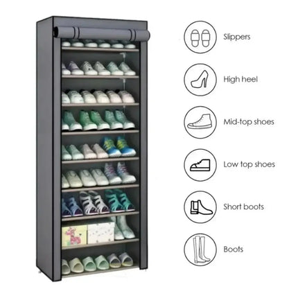 Simple Non-woven Shoe Rack in Gray, 10-layer Dustproof Shoe Cabinet