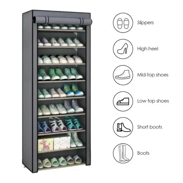 Simple Non-woven Shoe Rack in Gray, 10-layer Dustproof Shoe Cabinet
