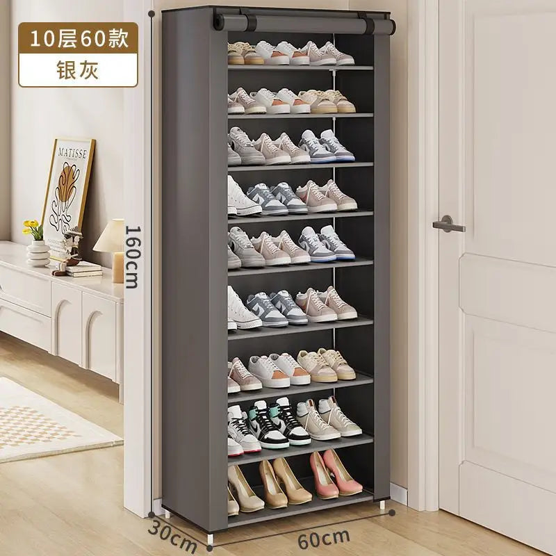 Simple Non-woven Shoe Rack in Gray, 10-layer Dustproof Shoe Cabinet
