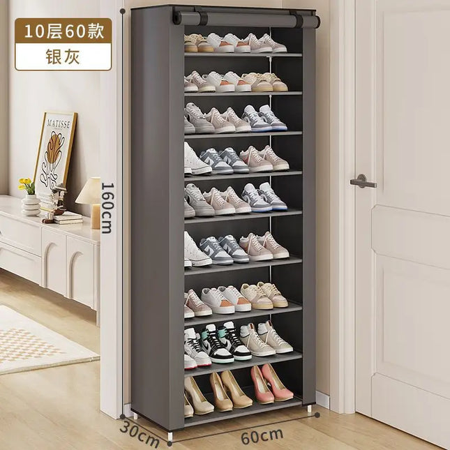 Simple Non-woven Shoe Rack in Gray, 10-layer Dustproof Shoe Cabinet