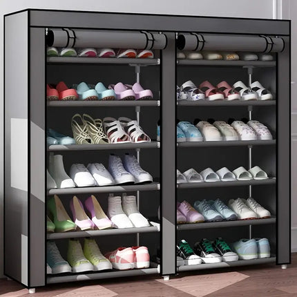 Double Non-woven Shoe Rack in Black, 6-layer Dustproof Shoe Cabinet